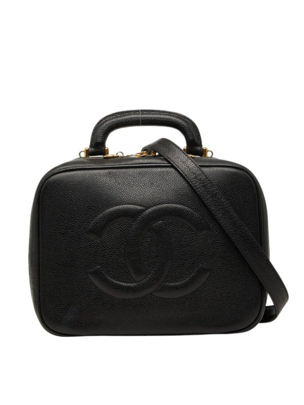 Chanel CC Logo Vanity 2-Way Shoulder Bag Black Caviar Leather